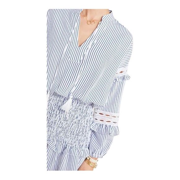 Aqua Anthropologie Striped Smocked Long Sleeve Crochet Tassel Tie Mini Dress, XS - Picture 3 of 14